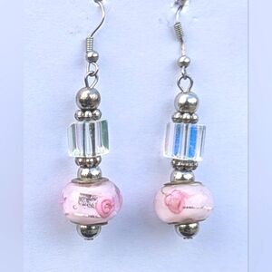Vtg 1950's Boho Pink Art Glass Earrings Dangle Drop Hook Pierced Ornate Floral
